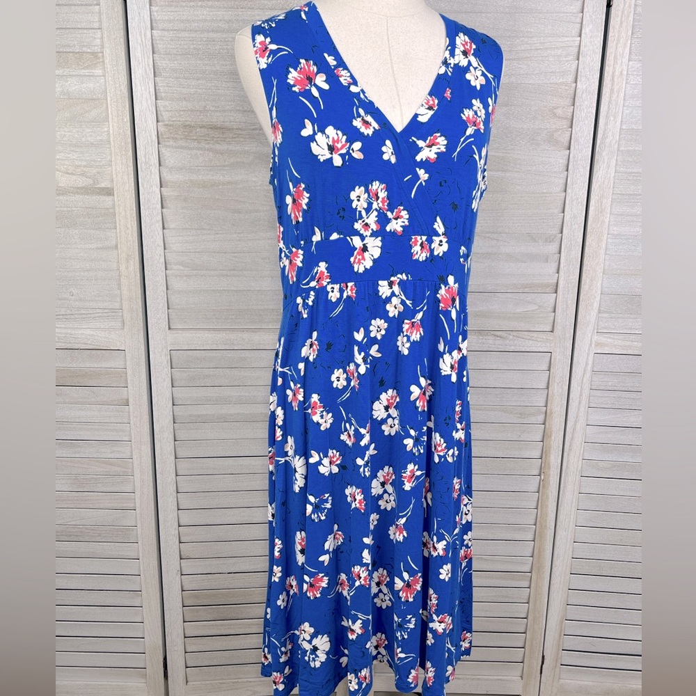 L.L. BEAN Pull Over Easy Sleeveless Fit & Flare Midi Dress Blue/Floral-LP